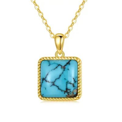 14K Gold Princess-square Shaped Turquoise Pendant Necklace