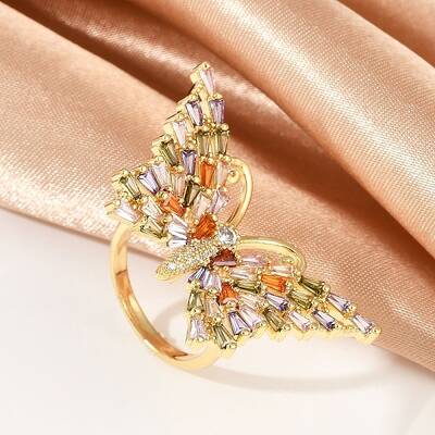 Butterfly Brass Micro Pave Colorful Cubic Zirconia Finger Rings for Women