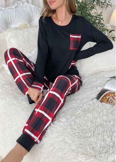 Modlily Black Plaid Long Sleeve Lounge Top and Pants - XL