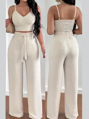 Women's Solid Shirred Crop Cami Top & Tie Front Wide Leg Pants Two-Piece Set, Casual Fashion Cozy Two Piece Outfits for Daily...