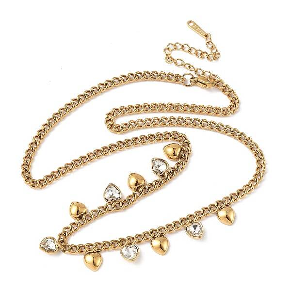304 Stainless Steel Rhinestone Heart Tassel Twisted Chain Necklaces for Women