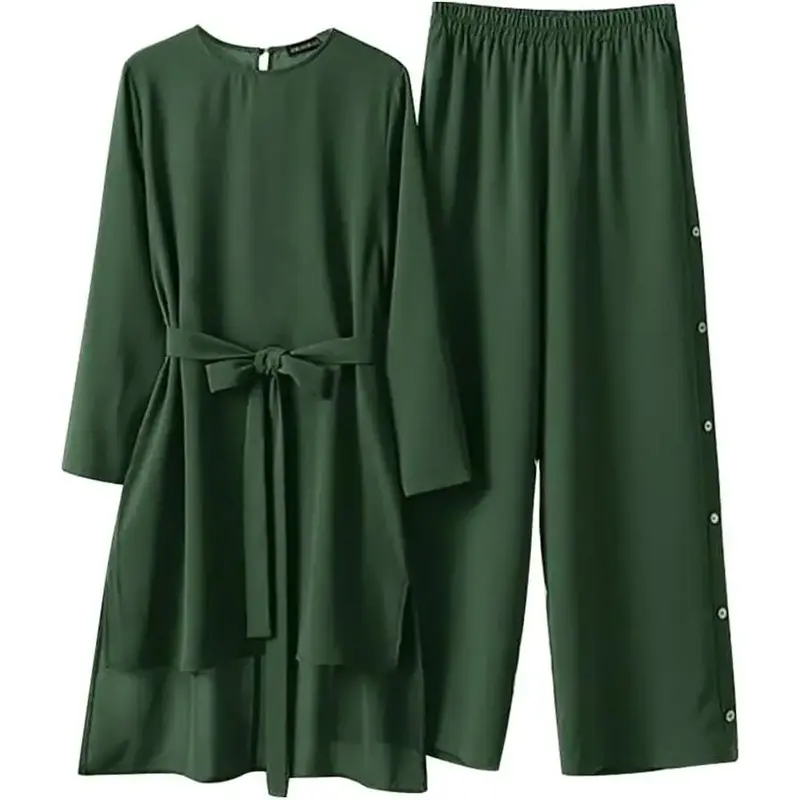 Abayas Dress for Women Muslim Long Sleeve Loose Top Pants 2 Pcs Dubai Women Matching Sets