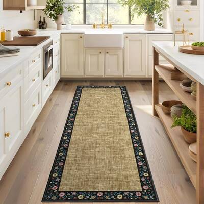 Garvee Bordered Yellow 2x6 Entryway Rug Floral Bordered Runner Rug Non-Slip Low Pile Soft Polyester Washable Stain-Resistant ...