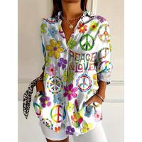 Women's Hippie Floral Print Peace Love Print Long Sleeve Shirt - Casual Butn-Up with Vibrant Flower Design, Machine Washable,...