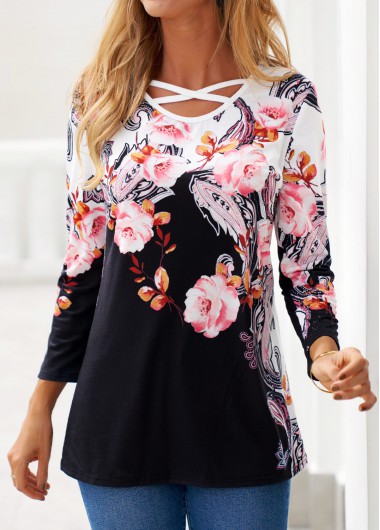 Modlily Black Criss Cross Floral Print T Shirt - L