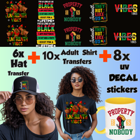 Juneteenth Heat Transfer Bundle 24-Piece Set | 10 Adult Shirt Transfers, 6 Hat Transfers, 8 UV Decal Stickers | Black Pride D...