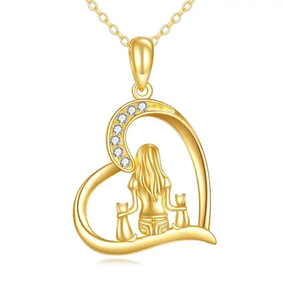 14K Gold Cubic Zirconia Two Cat & Girl Heart Pendant Necklace