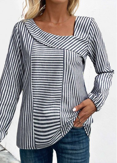 Modlily Navy Asymmetry Striped Long Sleeve Asymmetrical Neck Blouse - M