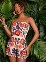 Women's Floral Print Tube Romper, Boho Elegant Fashion Casual Strapless Sleeveless Romper for Daily Outdoor Wear, Women Rompe...