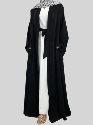 Women's Solid Color Lace Trim Abaya, Modest Fashion Long Sleeve Open Front Abaya for Daily Wear, Ladies Islamic Clothing for ...