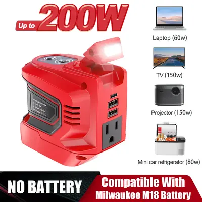 200W Power Inverter for Milwaukee M18 Battery, Battery Not Included, DC 18V to AC 110-120V Battery Inverter, Portable Power S...