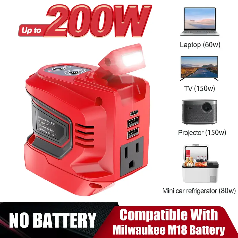 200W Power Inverter for Milwaukee M18 Battery, Battery Not Included, DC 18V to AC 110-120V Battery Inverter, Portable Power S...
