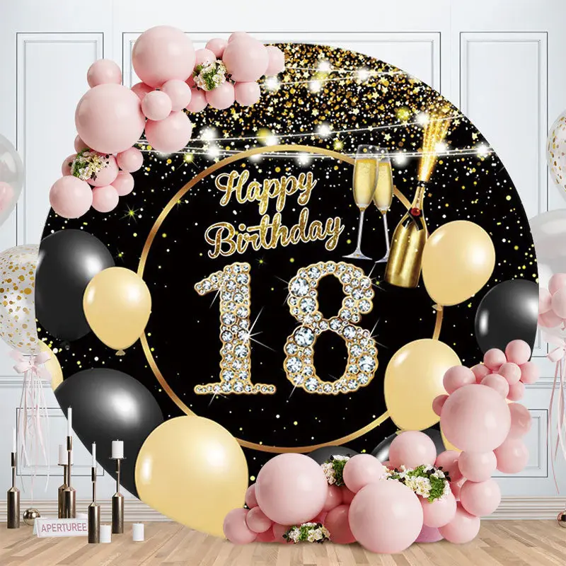 Aperturee Round Black Gold Balloon 18Th Birthday Backdrop | Round Backdrop For Birthday Party | Circle Birthday Backdrop Cove...