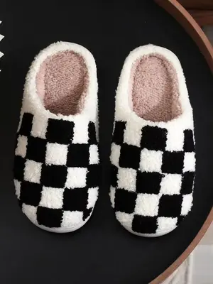 Women's Checkerboard Pattern Plush Slippers, Cute Soft Comfortable Home Slippers, Warm Slippers for Indoor & Outdoor Use for ...