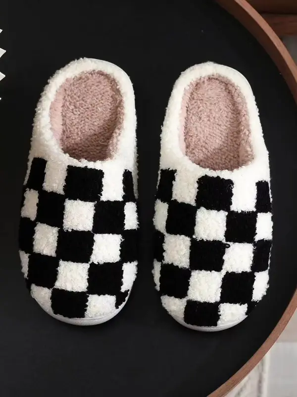 Women's Checkerboard Pattern Plush Slippers, Cute Soft Comfortable Home Slippers, Warm Slippers for Indoor & Outdoor Use for ...