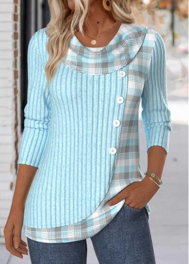Modlily Light Blue Tummy Coverage Plaid Long Sleeve T Shirt - XXL