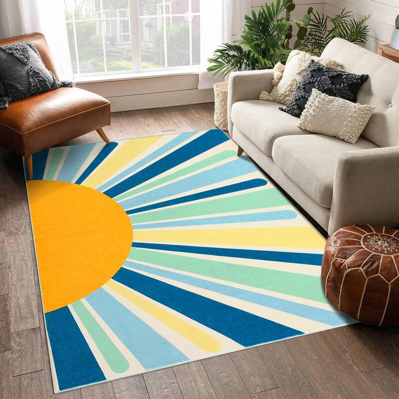 Garvee Boho Rug for Kids Room 4x6 Washable Rug Boho Retro Nursery Rug Non-Slip Low Pile Sunrise Playroom Rug Colorful Throw F...