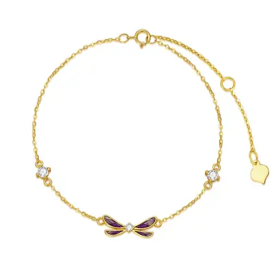 14K Gold Cubic Zirconia Dragonfly Charm Bracelet