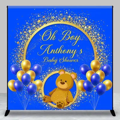 Custom Gold Blue Balloon Bear Baby Shower Backdrop - Aperturee