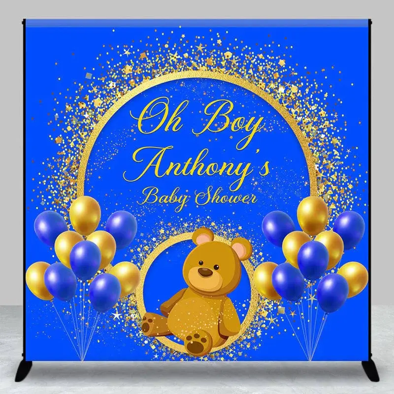 Custom Gold Blue Balloon Bear Baby Shower Backdrop - Aperturee