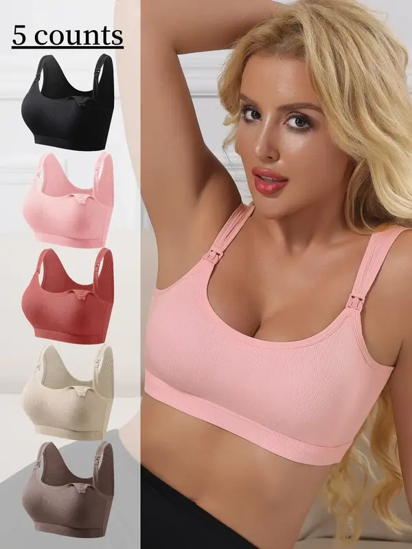 BQY 5-piece set Maternity's Solid Color Removable Nursing Bra, SoftComfortable Breathable Nursing Bra for Pregnancy &Postpart...