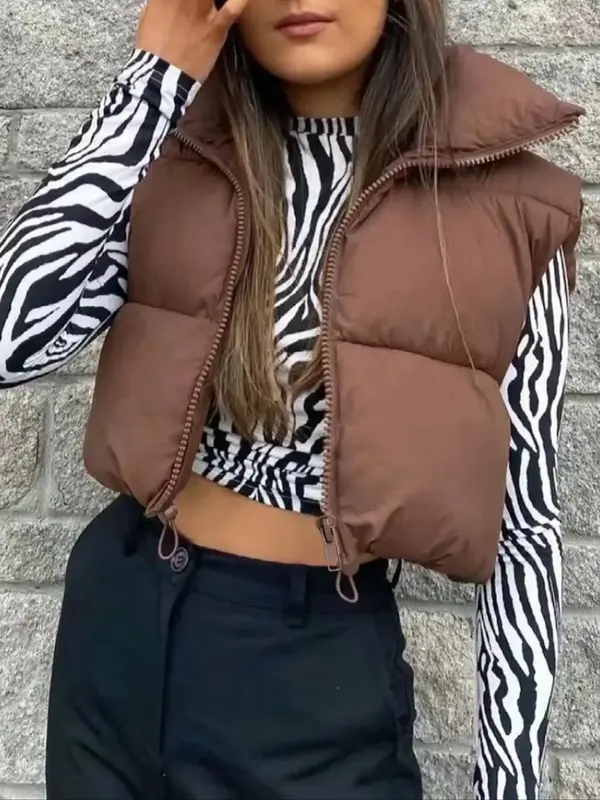 Women's Solid High Neck Zip Up Puffer Vest, Casual Cozy Thermal Outerwear for Fall & Winter, Women's Clothing Tops for Daily ...