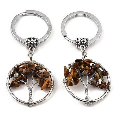 Natural Tiger Eye Flat Round with Tree of Life Pendant Keychain