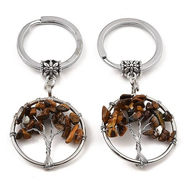 Natural Tiger Eye Flat Round with Tree of Life Pendant Keychain