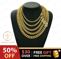 14k Gold Plated  Miami Cuban Link Chain Necklace Golden Stainless Steel Iced Out Clasp Hip Hop Jewelry for Men/ Women 6/8/10/...