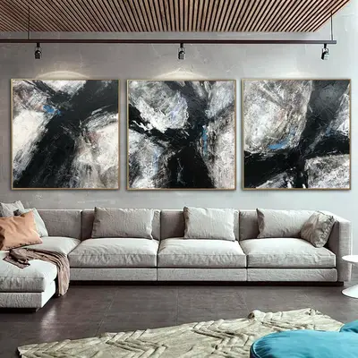 Abstract Black and White Paintings on Canvas Triptych Wall Art Minimalist Art Customized Painting Creative Decoration above B...