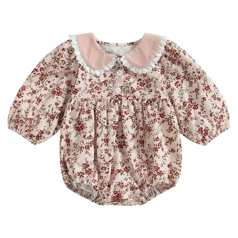 Infant Baby Girl Cute Floral Print Long Sleeve Sweatshirt Bubble Romper Peter Pan Collar Ruffle  Jumpsuit Bodysuit Outfit