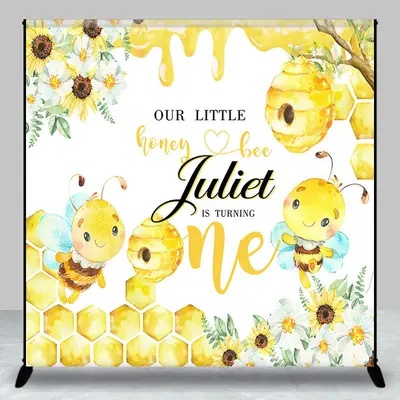 Yellow Honey Bee Floral Custom 1st Birthday Backdrop - Aperturee