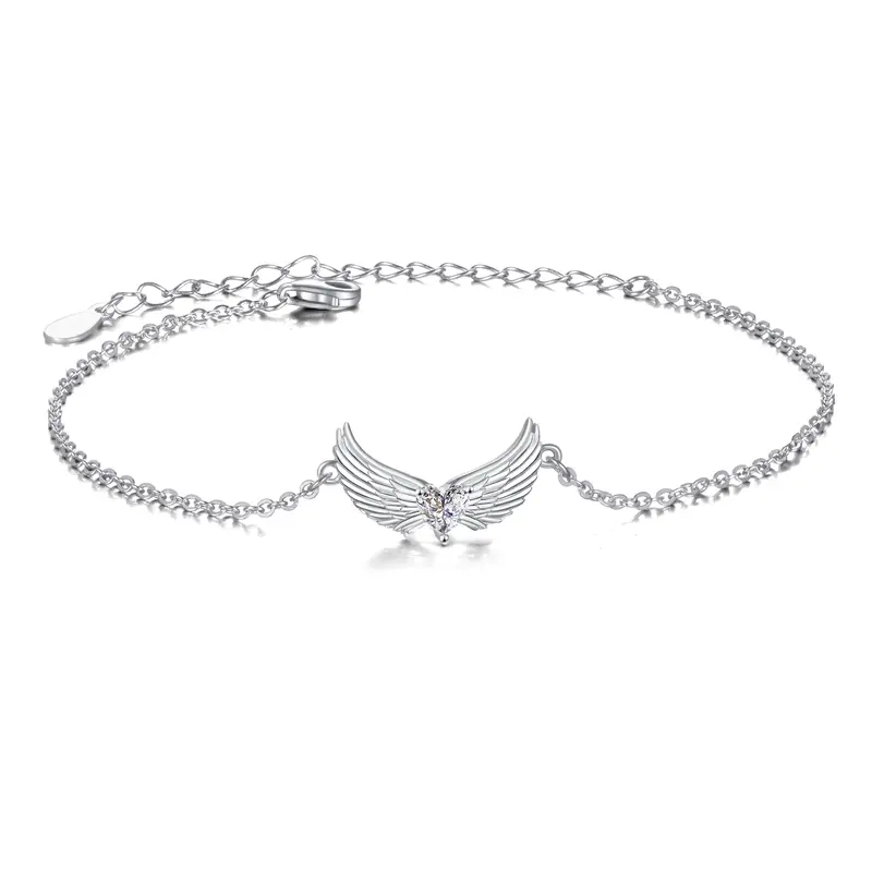 Sterling Silver Heart Cubic Zirconia Angel Wings Charm Bracelet