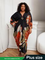Plus Size Floral Print Ruched Split Hem Batwing Sleeve Cover Up Kaftan Dress, Casual Chic Boho V Neck Long Dress for Summer B...