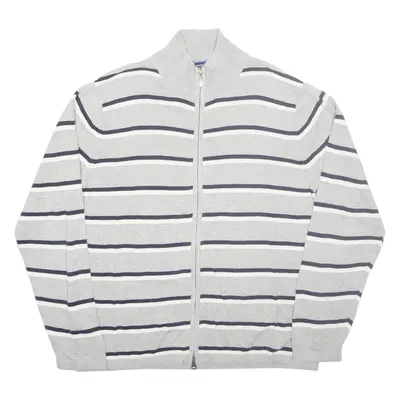 TOMMY HILFIGER Mens Patterned Cardigan Grey Striped High Neck Tight Knit XL