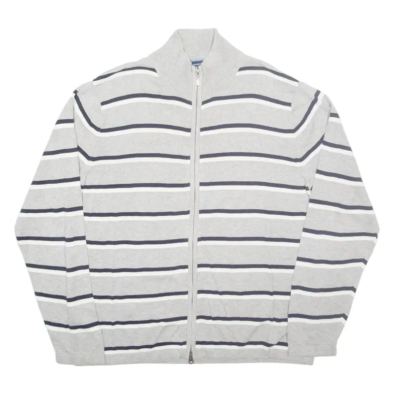 TOMMY HILFIGER Mens Patterned Cardigan Grey Striped High Neck Tight Knit XL