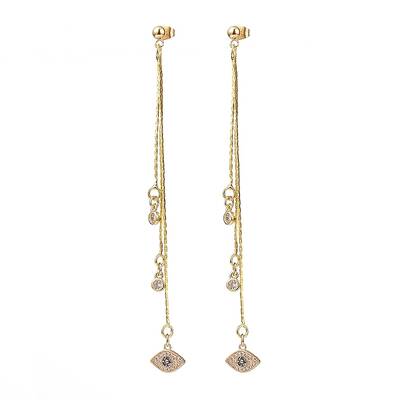 Cubic Zirconia Evil Eye with Brass Tassel Dangle Stud Earrings