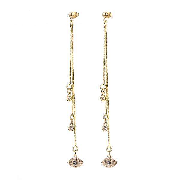 Cubic Zirconia Evil Eye with Brass Tassel Dangle Stud Earrings