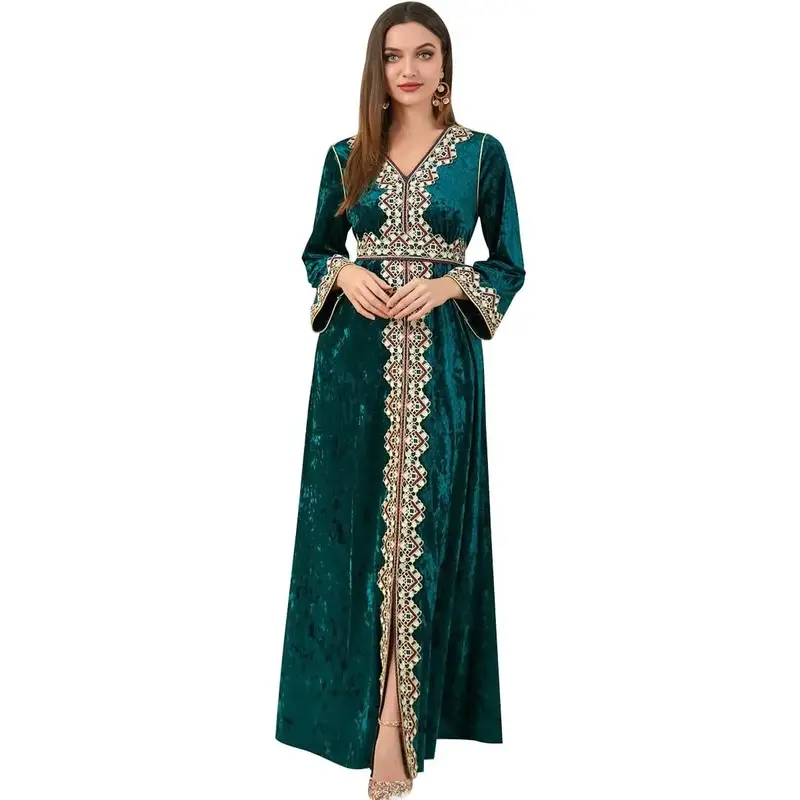 Muslim Kaftan Abaya Moroccan Fashion Autumn Winter Long Sleeve  Dress for Eid Ramadan