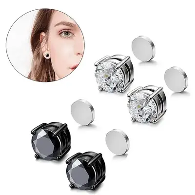 Unisex Stainless Steel Magnetic Earrings, Non-piercing CZ Earrings Hypoallergenic Black&Silver 6-8MM，Daily Decor for Men an...