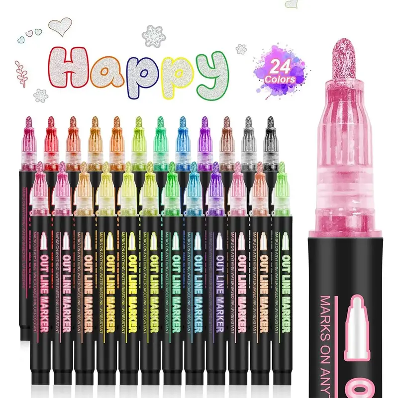 Glitter Outline Markers, 1 Set 24/36 Colors Marker Pen, Double Line Outline Marker Pen for DIY Crafts, Art Supplies