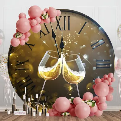 Gold Clock Bokeh Champagne Round New Year Backdrop - Aperturee