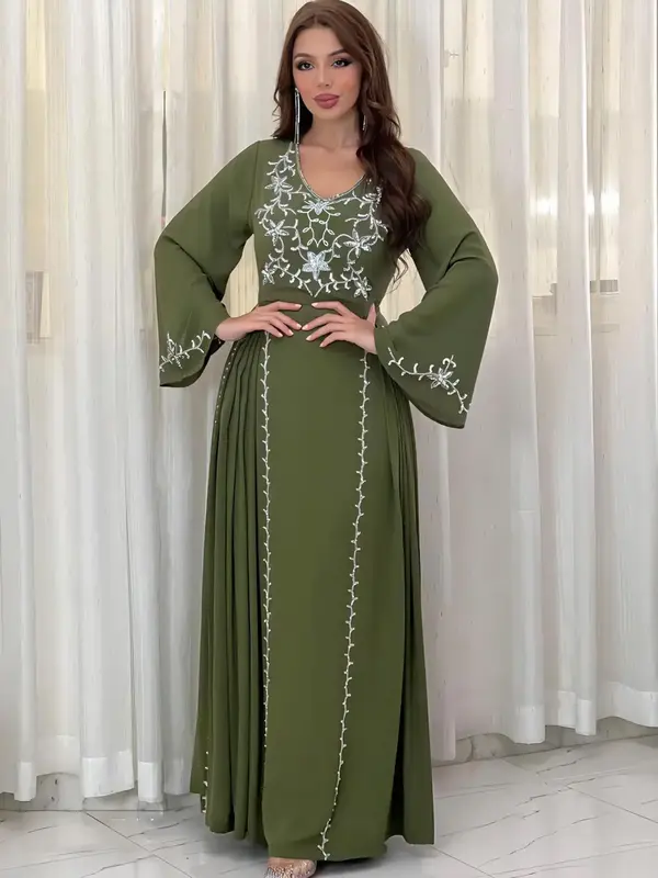 Arabic Clothing- Contrast Sequin Tie Back Pleated Arabian Dress, Elegant Flounce Sleeve V Neck A Line Dress, Women's Islamic...