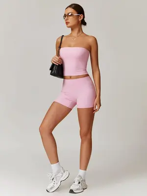 Women's Solid Color Crop Tube Top & Shorts Sportswear Set, Casual Comfy Breathable Two-piece Outfits for Yoga Gym Workout Run...