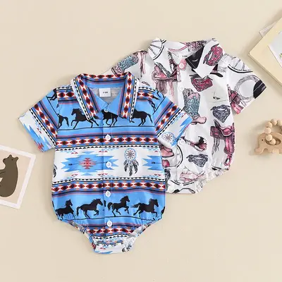 Baby Boy Romper For Newborn Short Sleeve Button-down Horse Boots Print Bodysuit For Boys Clothes