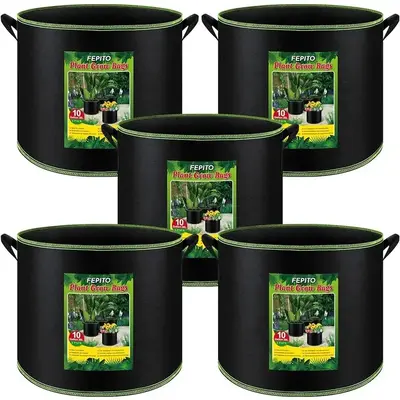 FEPITO 5 Pack 10 Gallon Grow Bags Heavy Duty Aeration Fabric Pots with Handles Thickened Nonwoven for Vegetables Fruits Flowe...