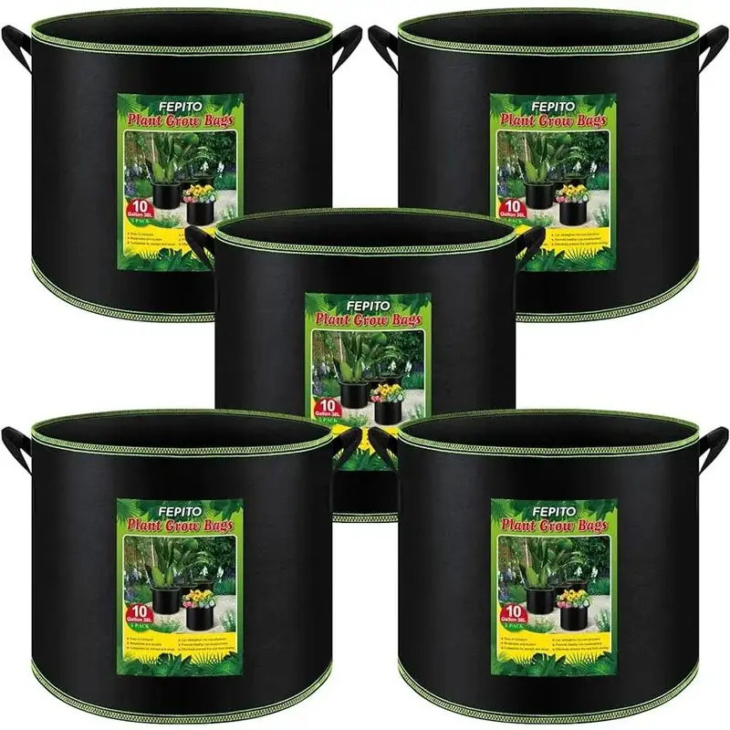 FEPITO 5 Pack 10 Gallon Grow Bags Heavy Duty Aeration Fabric Pots with Handles Thickened Nonwoven for Vegetables Fruits Flowe...