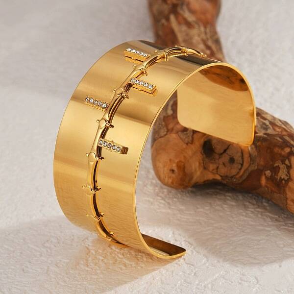 304 Stainless Steel Rhinestone Cuff Bangles for Women