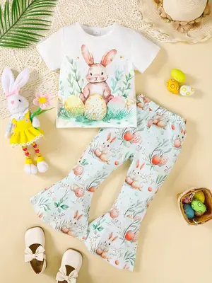 2pcs Girls' Easter Day Casual Crew Neck Bunny Print Short Sleeve T-Shirt Bell Bottomed Pants Set White,Ready Stock 42412071