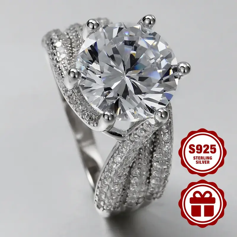 Anzuroly 925 sterling silver lady's engagement ring, luxurious setting CZ, 5-carat main stone setting, suitable for both wedd...